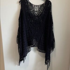 Elan Black Lace Fringe Blouse/Shawl